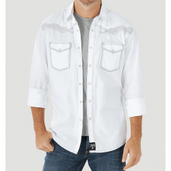 Wrangler Men's Rock 47 White With Olive Thread Trim Snap Western Shirt
