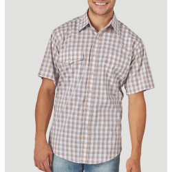 Wrangler Men's Winkle Resist Short Sleeve Brown Blue White Plaid Western Shirt