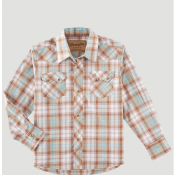 Wrangler Boy's Retro Western Brown Blue Plaid Snap Shirt