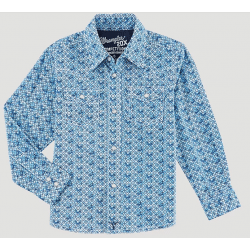 Wrangler Boy's 20X Advanced Comfort White Blue Print Snap Western Shirt