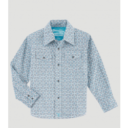 Wrangler Boy's 20X Advanced Comfort Long Sleeve Snap Blue Print Western Shirt