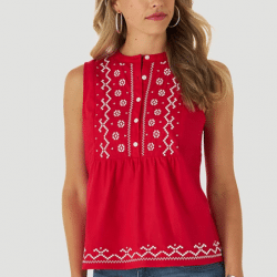 Wrangler Ladies Americana Embroidered Button Front Sleeveless Red Top