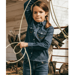Wrangler Girl's Long Sleeve Embroidered Snap Western Denim Shirt