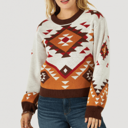 Wrangler Ladies Retro Long Sleeve Brown Southwestern Pullover Sweater