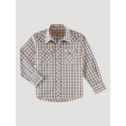 Wrangler Boy's Long Sleeve Snap Brown Blue Plaid Western Shirt