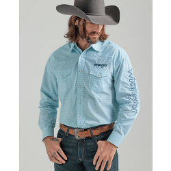 Wrangler Men's Turquoise White Print Logo Snap Western Shirt