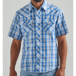 Wrangler Men's Short Sleeve Blue Tan White Plaid Snap Western Shirt