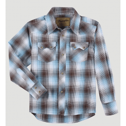 Wrangler Boy's Retro Blue Brown Plaid Snap Western Shirt