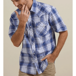 Wrangler Men's Retro Blue White Plaid Short Sleeve Snap Western Shirt