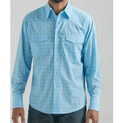 Wrangler Men's Wrinkle Resist Baby Blue Plaid Snap Western Shirt