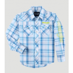 Wrangler Boy's Blue White Plaid Logo Snap Western Shirt