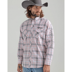 Wrangler Men's Grey Red White Plaid Logo Snap Western Shirt