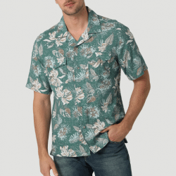 Wrangler Men's Coconut Cowboy Snap Teal Leaf Short Sleeve Shirt