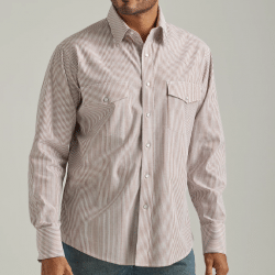 Wrangler Men's Brown White Stripe Wrinkle Resist Snap Western Shirt