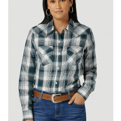 Wrangler Ladies Black White Poplin Plaid Snap Western Shirt