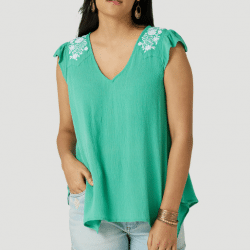 Wrangler Ladies Retro Babydoll Green Embroidered Short Sleeve Shirt