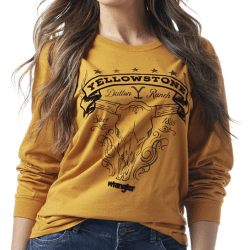Wrangler Ladies Mustard Yellowstone Skulls Dutton Ranch Long Sleeve T Shirt