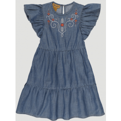 Wrangler Girls Blue Denim Ruffle Sleeve Embroidered Floral Dress