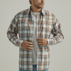 Wrangler Men's Wrinkle Resistant Orange Blue Plaid Snap Western Shirt