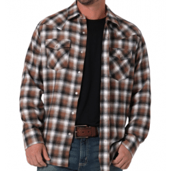 Wrangler Men's Brown Black Plaid Retro Flannel Snap Western Shirt