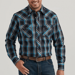 Wrangler Men's Black Blue Gray Plaid Snap Advanced Performance Shirt