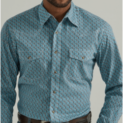 Wrangler Men's 20X Advance Comfort Blue Brown Print Snap Shirt