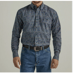 Wrangler Men's George Strait Navy Paisley Print Button Western Shirt