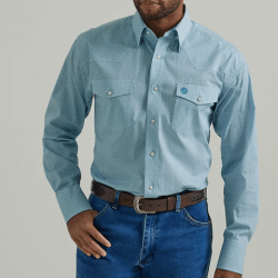 Wrangler George Strait Troubadour Turquoise Chain Print Snap Shirt