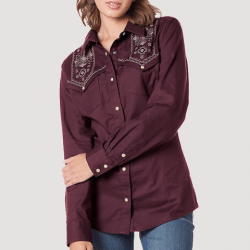 Wrangler Ladies Burgundy With Tan Stitching Embroidered Shirt