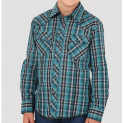 Wrangler Boy's Black Blue Plaid Snap Western Shirt