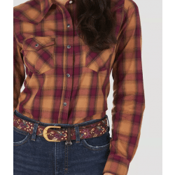 Wrangler Ladies Essential Long Sleeve Western Brown Burgundy Plaid Shirt
