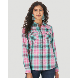 Wrangler Ladies Essential Pink Green Plaid Snap Front Western Shirt