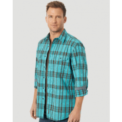 Wrangler Men's Retro Long Sleeve Turquoise Brown Plaid Button Down Shirt