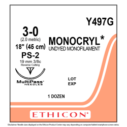 Ethicon™ 3-0 Monocryl Undyed Suture PS-2 3/8 Circle Needle 19mm 18&quot;