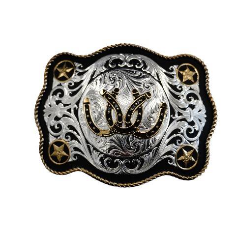 Gold Flourish Western Belt Buckle with Galloping Horse
