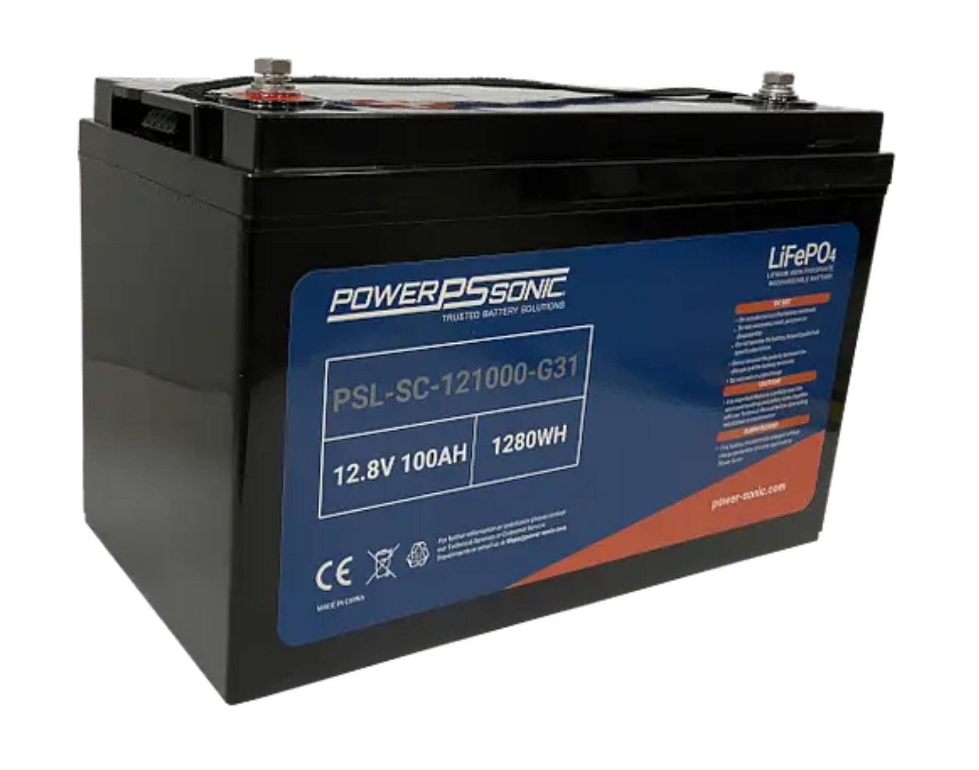 12.8V 100Ah M8 Inserts BMS Series/Parallel Capable PowerSonic